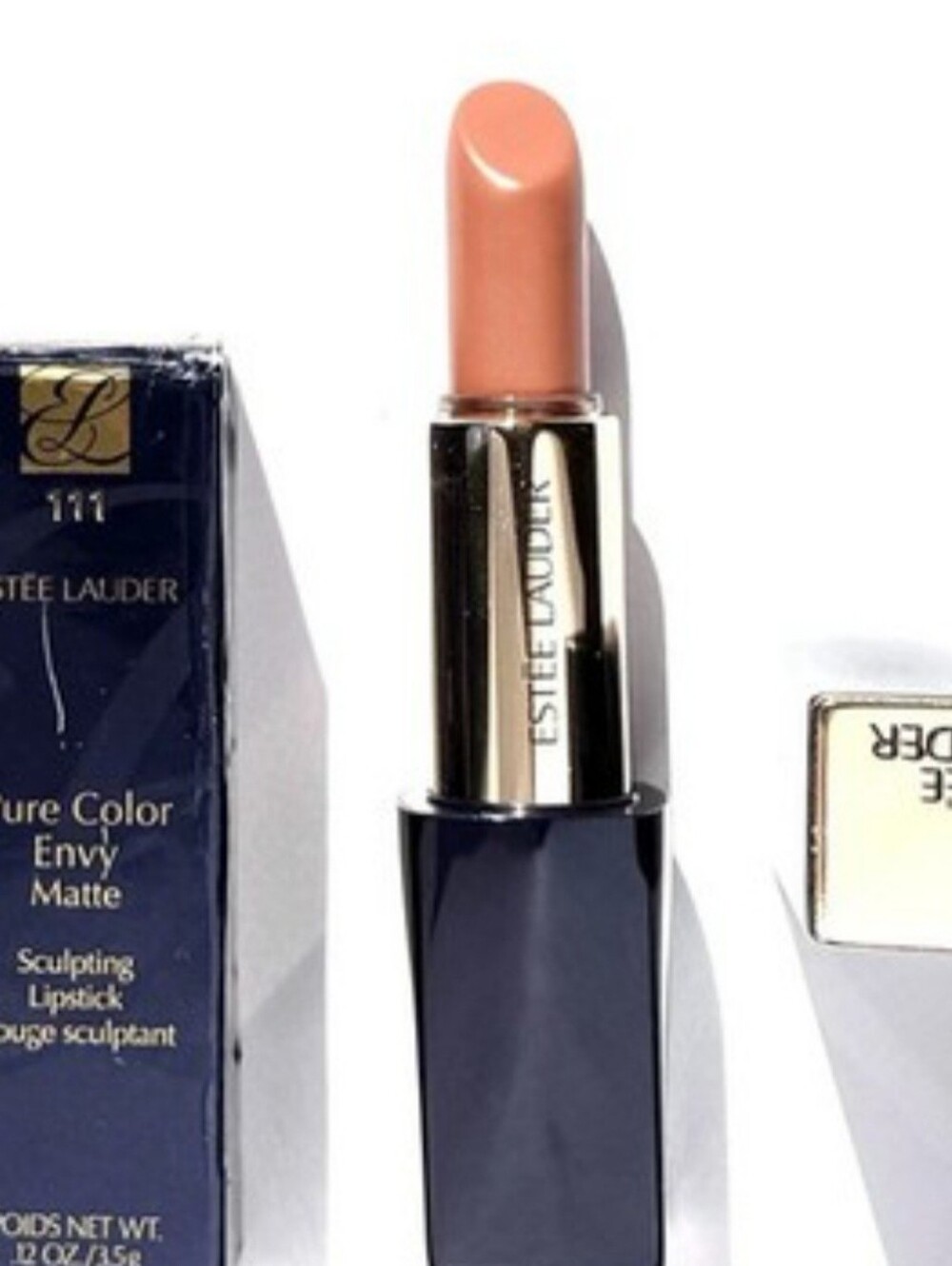 Estee Lauder Pure Color Lipstick in Navy & Gold Packaging with Peach Label